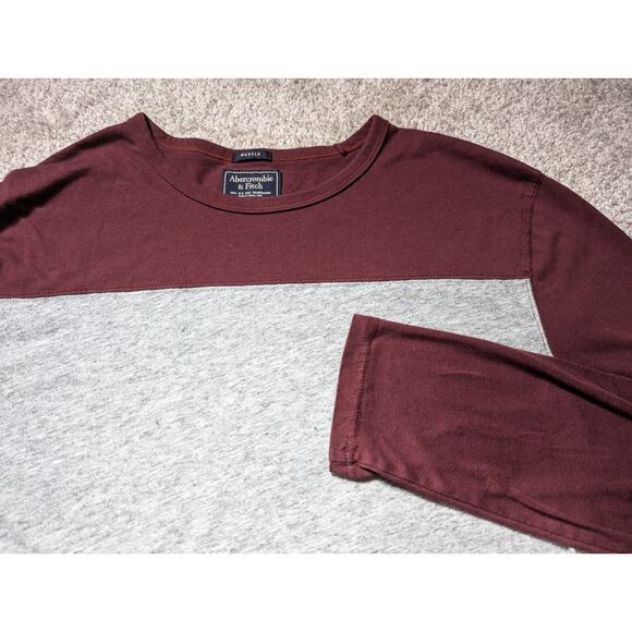 Abercrombie & Fitch GREY BURGUNDY Mens Crew Long Sleeve Muscle T-Shirt LARGE - Picture 2 of 5